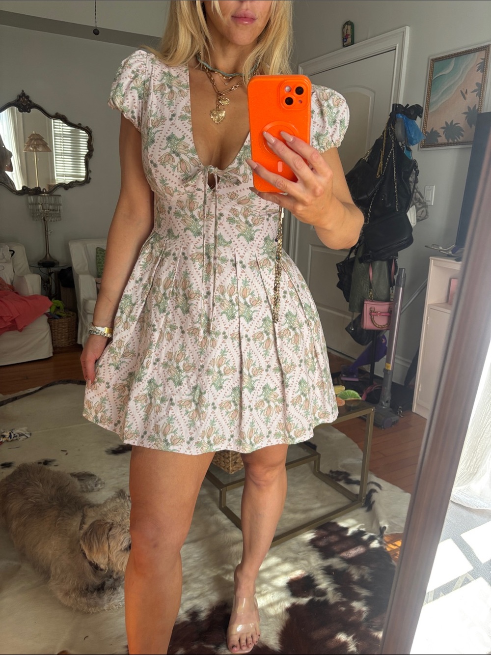 Floral Puff-Sleeve Mini Dress in Light Pink